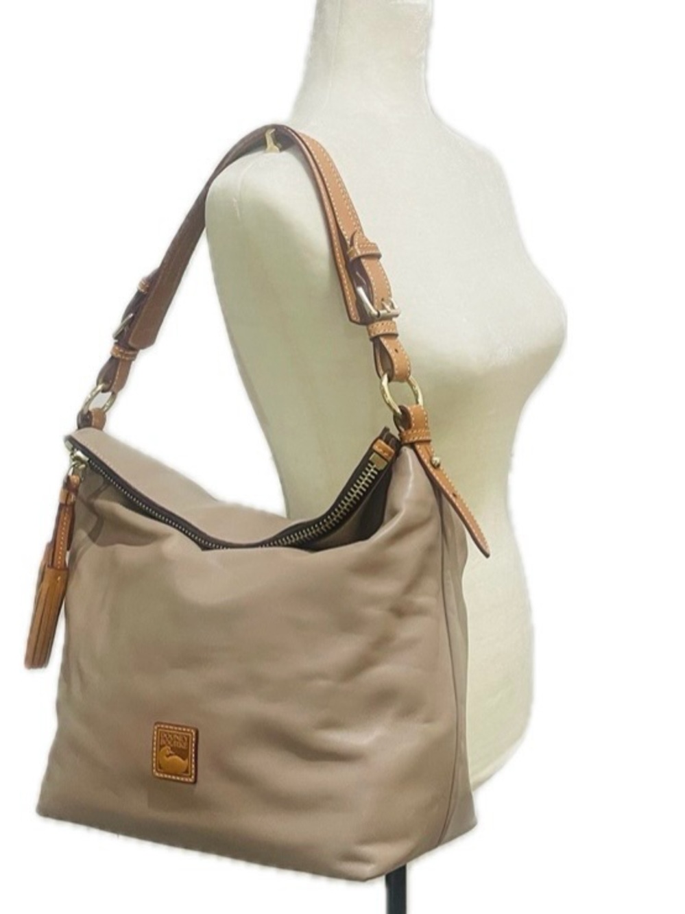 Dooney & Bourke Taupe Leather Hobo with Tassel and Strap